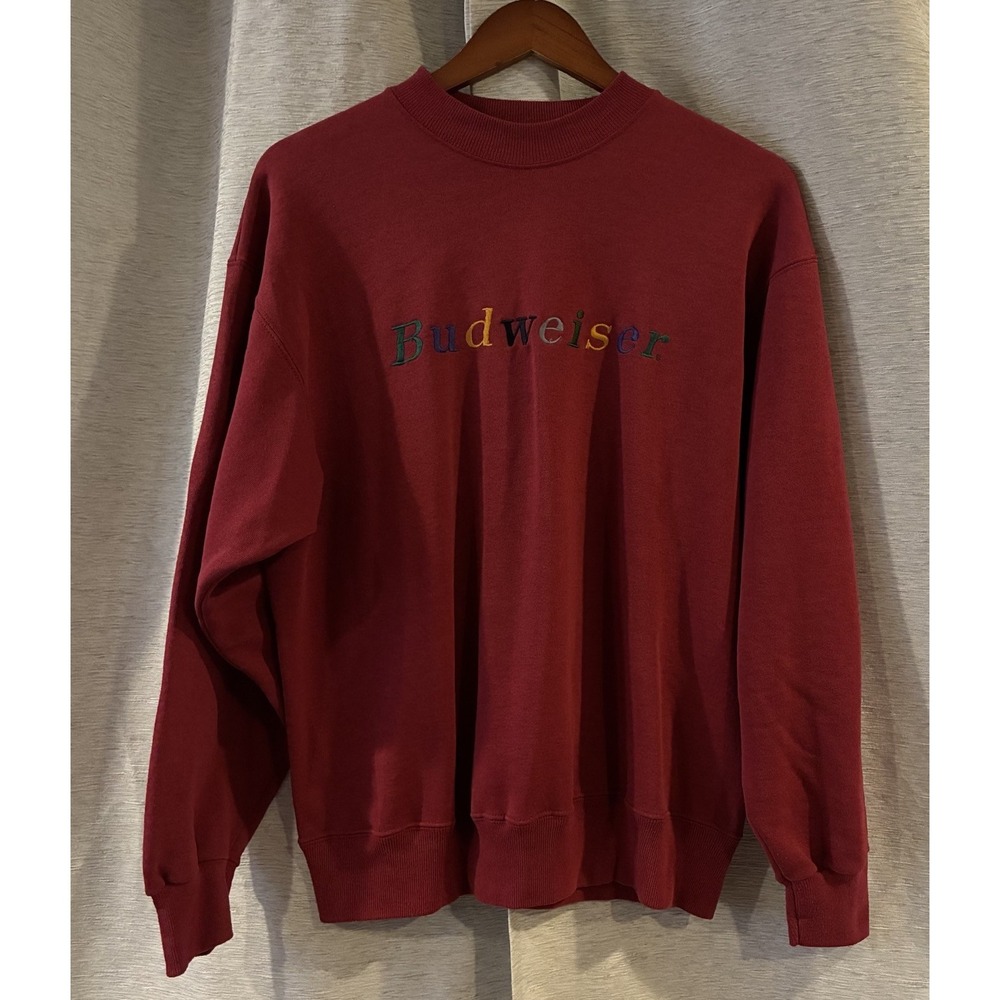 Vintage 90s Budweiser Sweatshirt Crewneck Mens L Embroidered Rainbow Beer Hanes